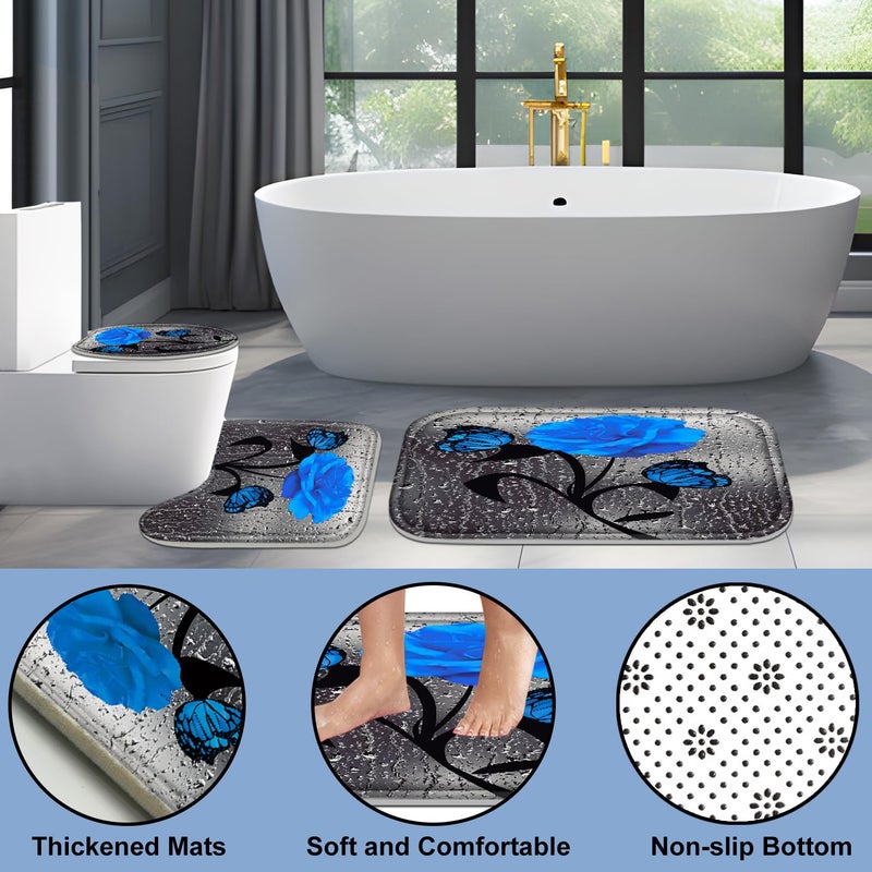 Poedist 4 Pcs Bathroom Set Blue Rose Shower Curtain Sets  Floral Shower Curtain Sets with Rugs(Bath Mat U Shape and Toilet Lid Cover Mat) and 12 Hooks - Image 4
